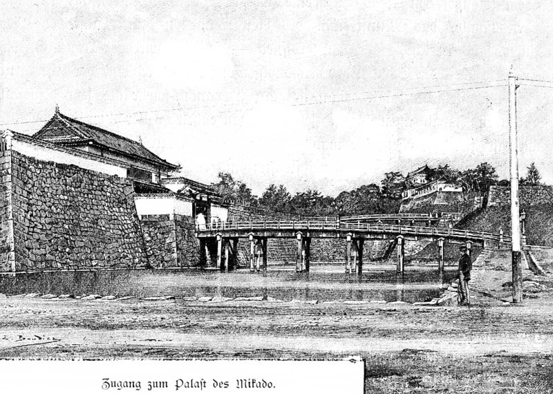 Entrance to the Palace of the Mikado or Emperor, Tokyo, Japan, rulers, moat, wooden bridge, fortress, stone wall, houses, 19th century, historical illustration c. 1898, Asia