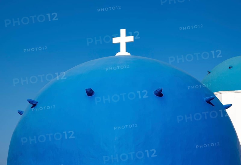 Close-up of blue dome with white cross, Agios Spiridonas, St Spyridon Church, Ia, Oia, Santorini, Greece, Europe