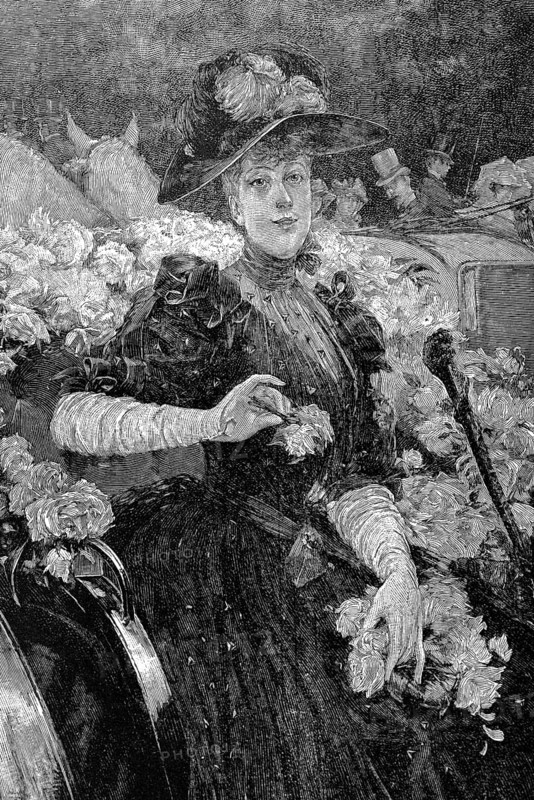 Paris Corso, carriage ride, Paris, parade, horse-drawn carriages, festival, floral decoration, lady, glacé gloves, ice cream gloves, distinguished accessory, fashion, France, coachman, historical illustration circa 1898, Europe