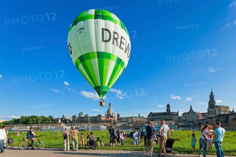 Dresden silhouette View of Dresden's historic city centre from the banks of the Elbe in Neustadt. Hot air balloon launch