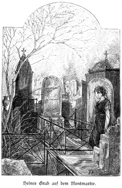 Grave of Heinrich Heine 1797-1856) at Montmartre, Paris, German poet, writer, cemetery, gravestones, inscription, enclosure, tree, woman, France, historical illustration around 1898, Europe