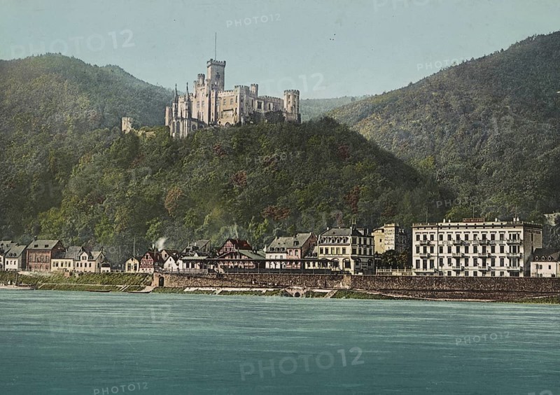 Stolzenfels Castle is a castle in the Middle Rhine Valley in Koblenz, Rhine, Rhineland-Palatinate, Germany, circa 1900, Historic, digitally restored reproduction of a photochromic print from the period, Europe