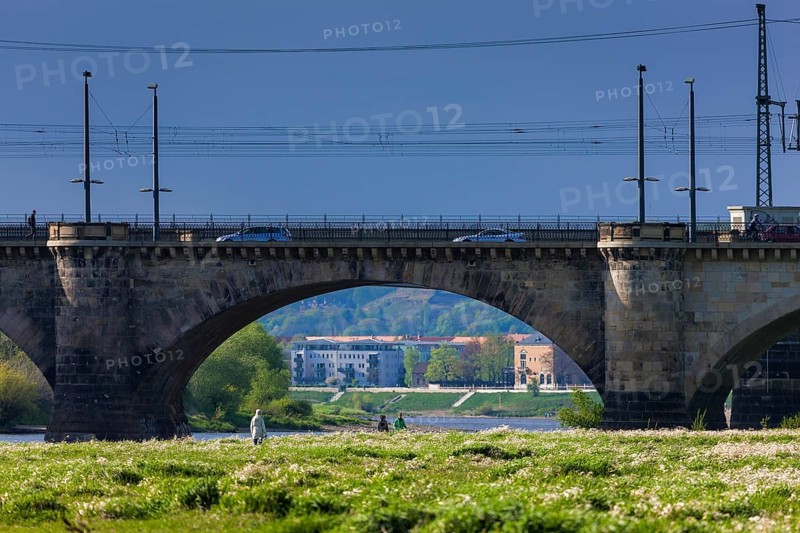 Dresden Elbe meadows on the Neustadt bank of the Elbe.view through the marienbrücke bridge to Oieschen and Radebeul