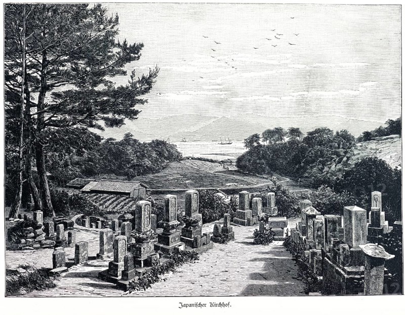 Japanese churchyard, Japan, landscape, cemetery, graves, gravestones, path, slope, flowers, trees, mountains, river, ships, sky, birds, historical illustration around 1898, Asia
