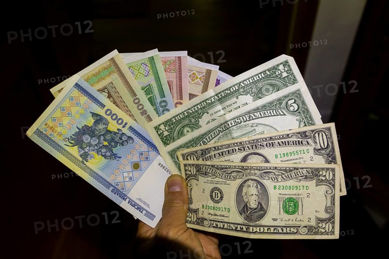Due to the Ukraine crisis, currencies are also the subject of conflict. Russian paper money roubles from 1 rouble to 1000 roubles and dollar notes in one hand