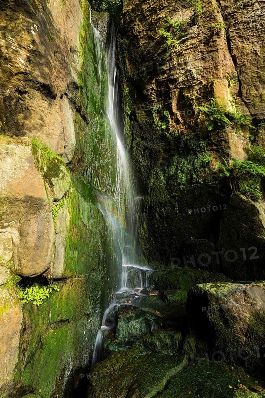 The Langenhennersdorf waterfall. Mouth of the Langenhennersdorfer Bach into the Gottleuba over a 9m high waterfall, the stream with its notch could not follow the powerful deep erosion of the water-rich Gottleuba in effect, its water falls over a rock wall into the Gottleuba