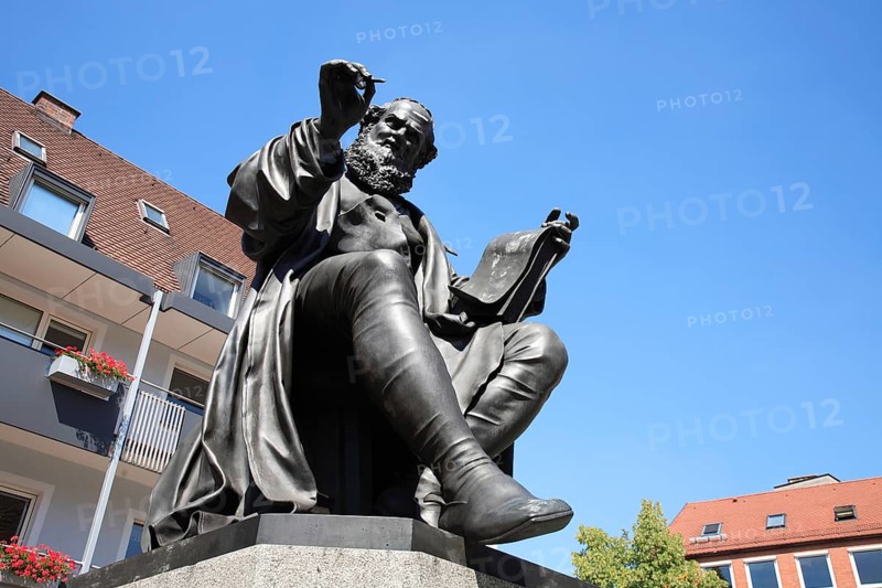 Hans Sachs Monument on Nuremberg's Hans Sachs Square, Nuremberg, Middle Franconia, Bavaria, Germany, Europe