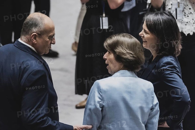 (R-L) Annalena Bärbock (Bündnis 90 Die Grünen), Federal Minister of Foreign Affairs, Catherine Colonna, Minister of Foreign Affairs of France, and Zbigniew Rau, Minister of Foreign Affairs of Poland, photographed at the UN Security Council Meeting and Consultation on the Situation in Ukraine in New York City, July 17, 2023. Annalena Bärbock travels to New York to attend the ceremony marking the 25th anniversary of the Rome Statute of the International Court of Justice., New York City, United States, North America