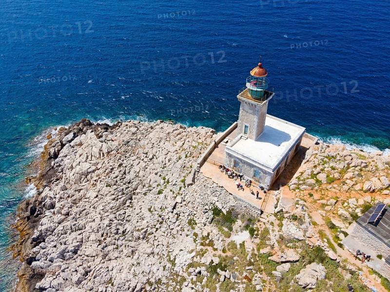 Drone shot, Akrotiri Tenaro lighthouse at the southernmost point of the Peloponnese, Cape Matapan, Mani, Laconia, Peloponnese, Greece, Europe
