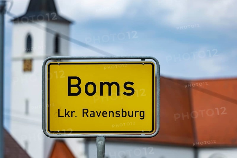 Place-name sign of Boms in the district of Ravensburg with church, Boms, Baden-Württemberg, Germany, Europe
