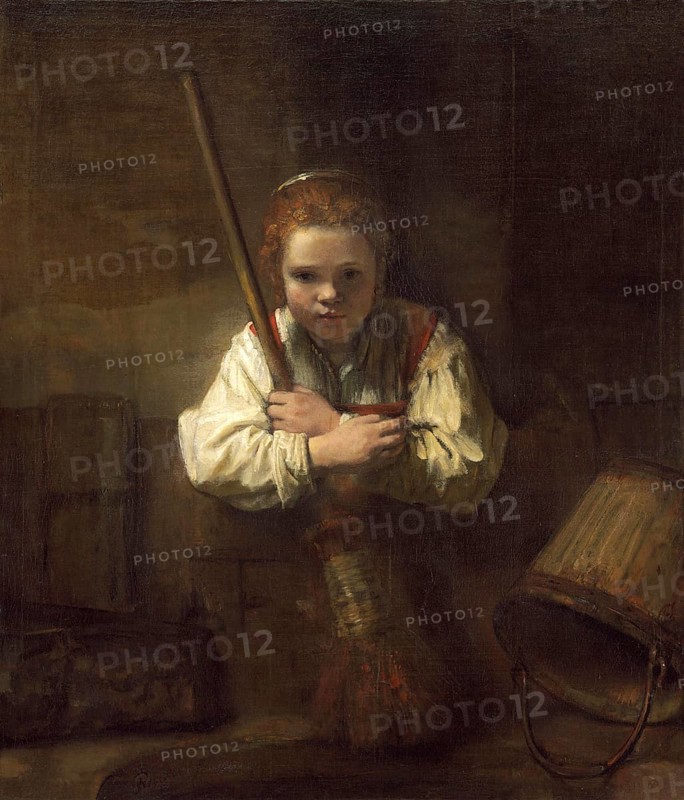 Mädchen mit einem Broen, a Girl with a Broom, Painting by Rembrandt van Rijn (1606) (1669), Historic, digitally enhanced reproduction of an original from the period