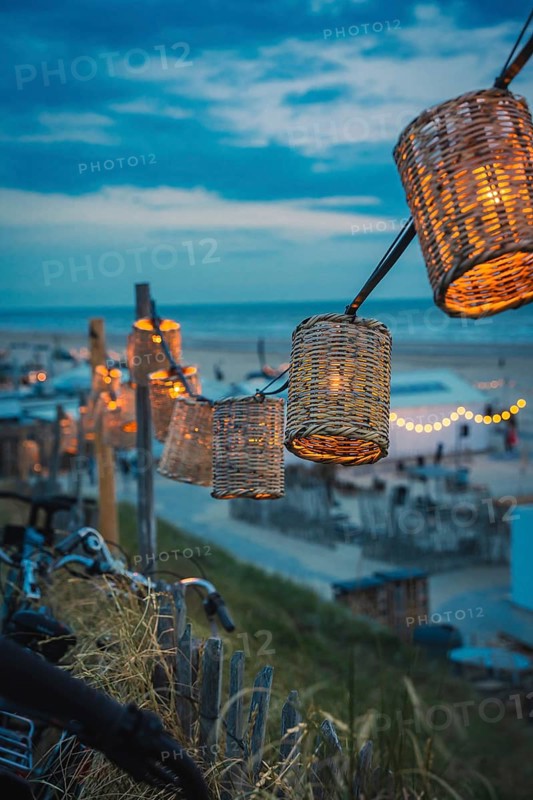 String of lights on the beach at blue hour, Zandvoort, Netherlands