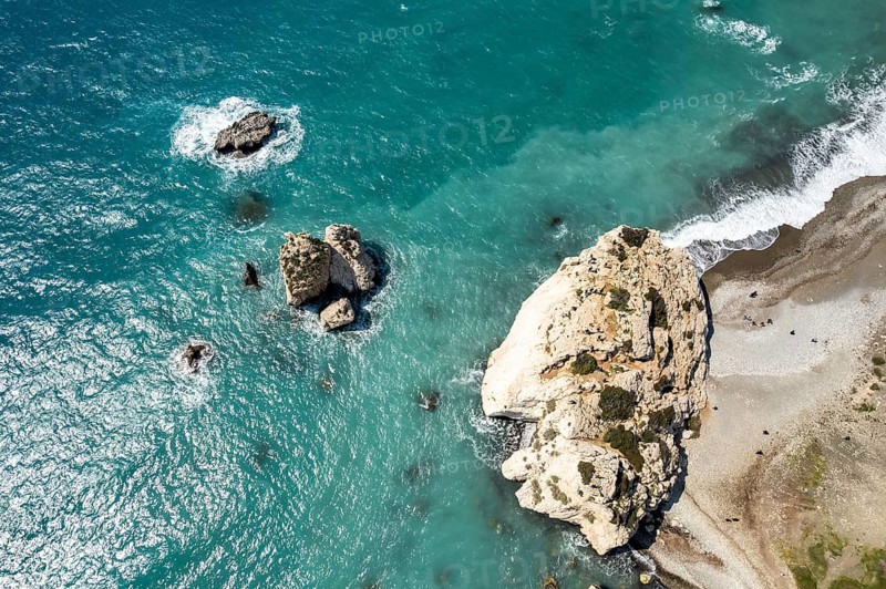 Petra tou Romiou, the Rock of Aphrodite seen from the air Kouklia near Paphos, Cyprus, Europe