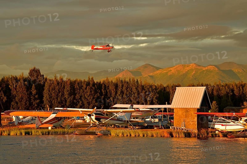 Seaplane airport overlooking Chugach mountain range, Lake Hood, Anchorage, Alaska, USA, North America