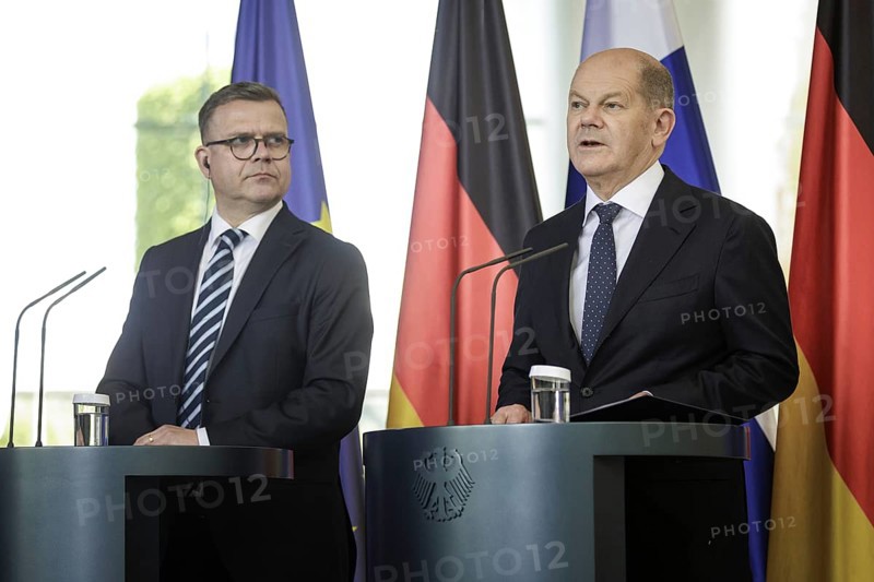 (R-L) Olaf Scholz, Federal Chancellor, and Petteri Orpo, Prime Minister of the Republic of Finland, photographed at a press conference after their joint talks at the Federal Chancellery. Berlin, 14.07.2023., Berlin, Germany, Europe