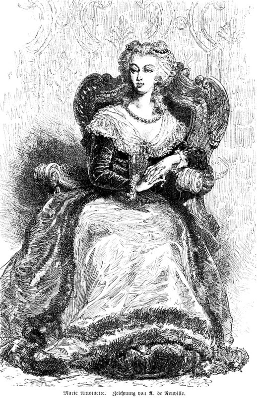 Queen Marie Antoinette, portrait, France, revolution, nobility, people, revolt, armchair, magnificent, sitting, from front, history, 18th century, historical illustration 1894, Europe