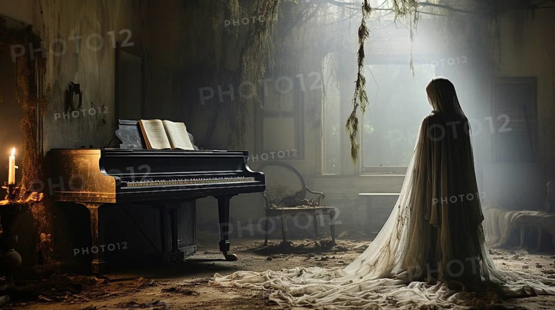 Mysterious and spooky female figure covered in sheer garment standing next to an old dusty piano in an abandoned house, generative AI