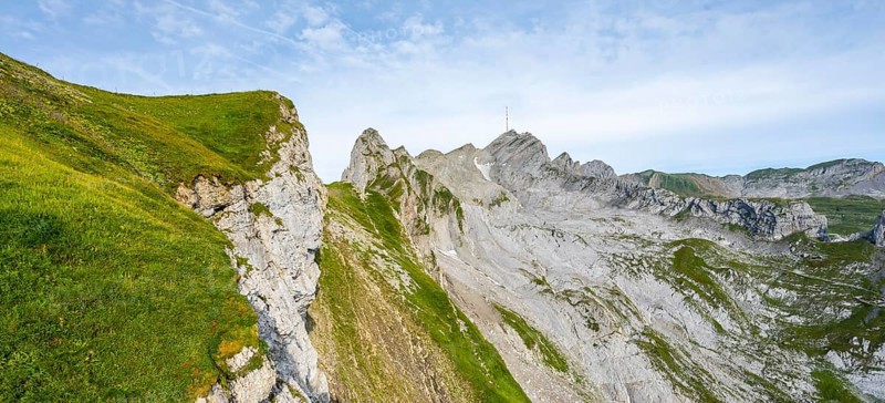 View of the summit of Säntis and Lisengrat, Rotsteinpass, high fog in the valley, Säntis, Appenzell Ausserrhoden, Appenzell Alps, Switzerland, Europe