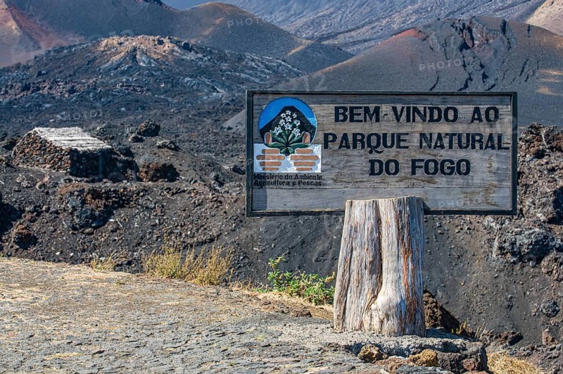 Signpost near vulcano on Fogo. Cabo Verde. Africa