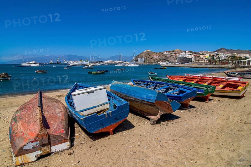 Row boats at coast. San Vincente. Mindelo. Cabo Verde. Africa