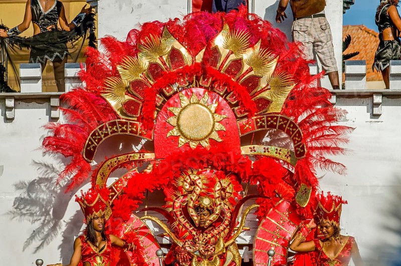 Decorated women on pageant waggon. Carnival. Mindelo. Cabo Verde. Africa