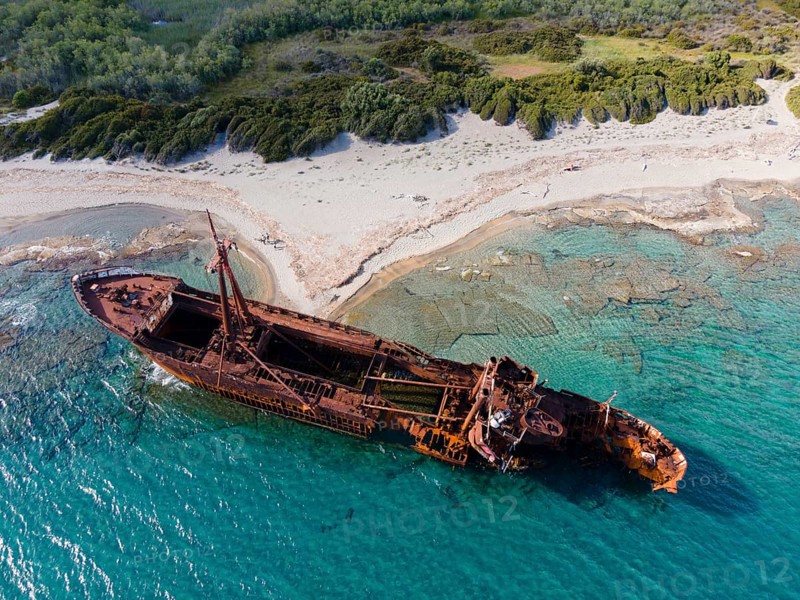 Drone shot, Dimitrios shipwreck, Glyfada beach, Selinitsa, Gythio, Githio, Gythion, Mani, Lakonia, Peloponnese, Greece, Europe