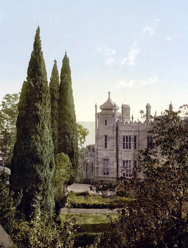 Vorontsov Palace, Alupka, town in Ukraine on the subtropical southern coast of the Crimean Peninsula in the Black Sea, Russia, c. 1890, Historic, digitally enhanced reproduction of a photochrome print of the period, Europe