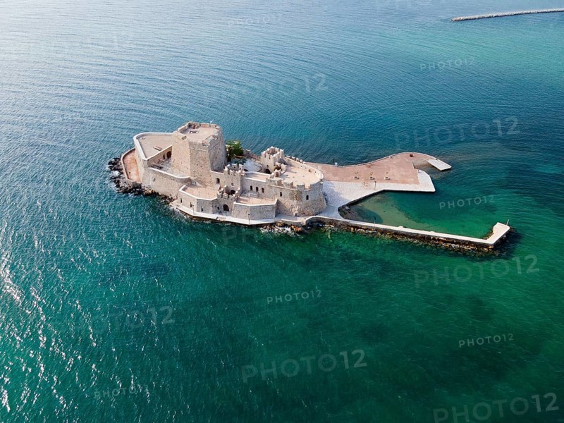 Aerial view, fortress, Bourtz Island, Bourtsi, Nafplio, Nauplia, Nauplion, Nafplion, Argolis, Argolic Gulf, Peloponnese, Greece, Europe