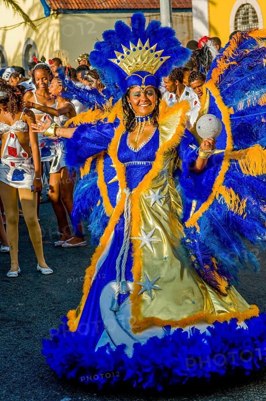 Colourful costumed, pretty woman. Carnival. Mindelo. Cabo Verde. Africa