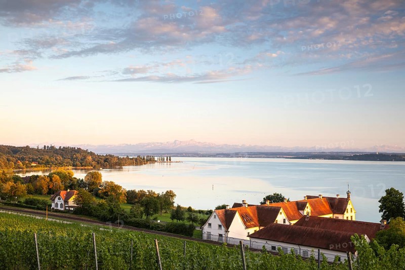 Lake Constance Maurach Castle, Unteruhldingen, Seefeld Ach estuary, Alpine chain, clouds, water, summer, Lake Constance, Birnau, Baden-Württemberg, Germany, Europe