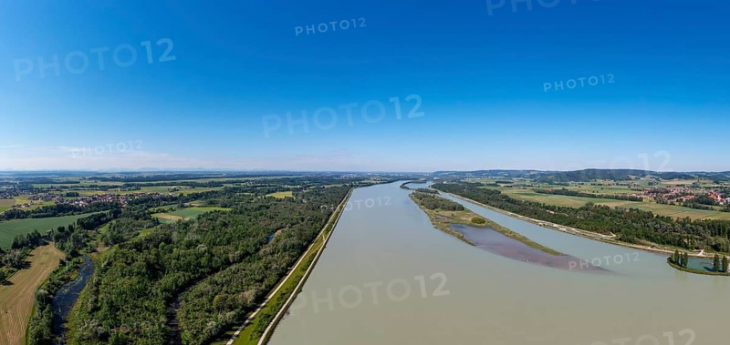 Drone image, Inn power plant Ering Frauenstein with natural landscape Lower Inn European Reserve, Inn, Innviertel, Upper Austria, Austria, Germany, Europe