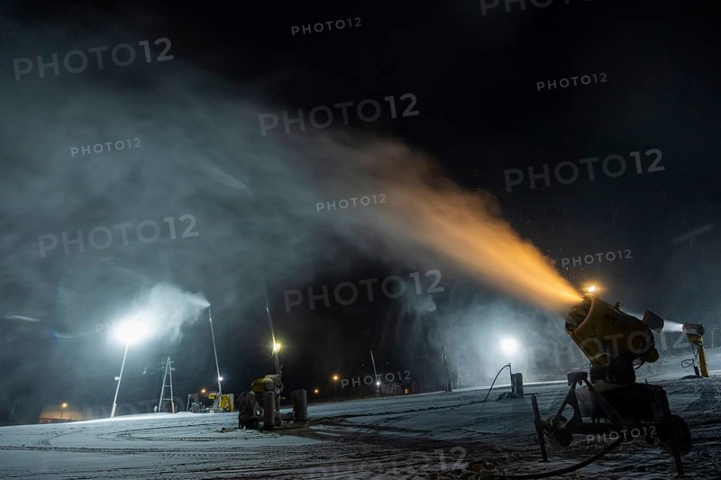 In anticipation of easing of the corona-induced logdown, the ski slope in Altenberg in Saxony's Ore Mountains is artificially snowed with snow cannons