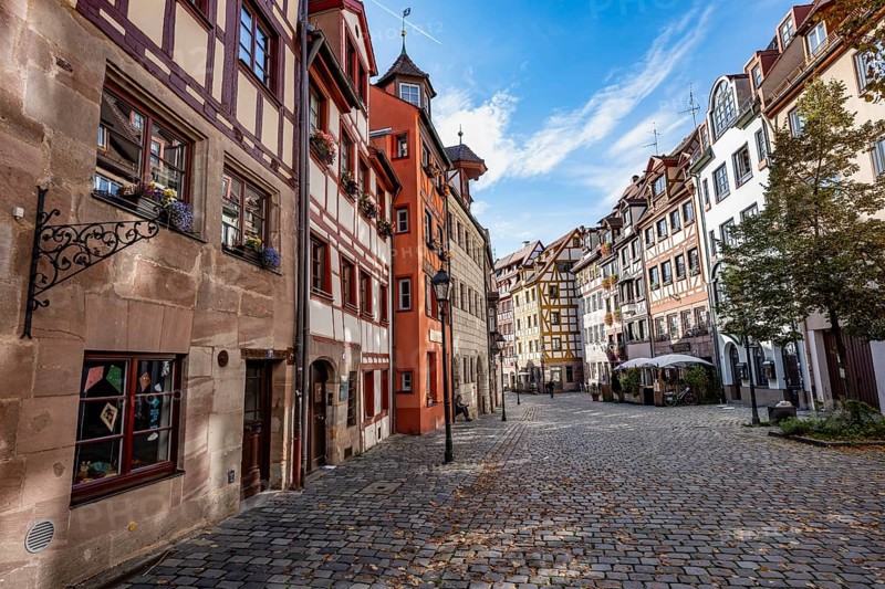 Historic half-timbered houses in Weissgerbergasse, in autumn, Old Town, Nuremberg, Middle Franconia, Bavaria, Germany, Europe