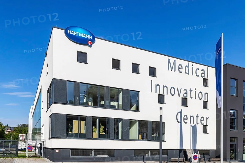 Hartmann Group with company logo on the building, company for medical products and care products, dressing materials, Heidenheim an der Brenz, Baden-Württemberg, Germany, Europe
