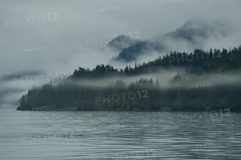 The westerly wind pushes the clouds against the steep slopes of the Chugach Mountains, the moisture nourishes the rainforest, Prince William Sound, Alaska, USA, North America
