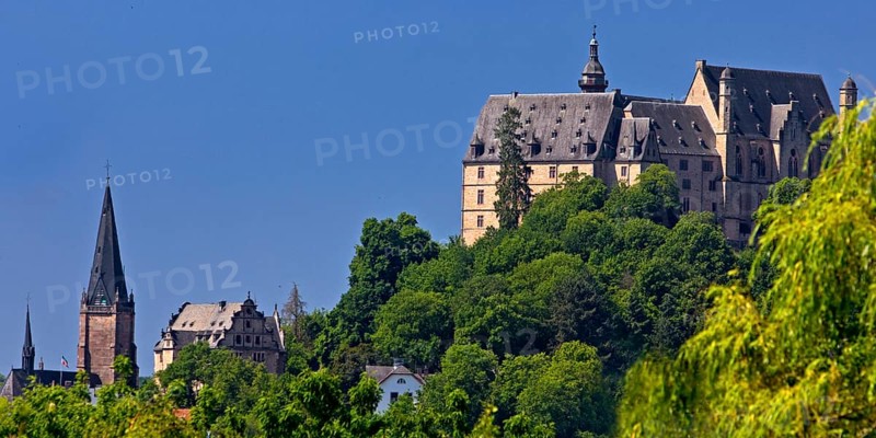 The Landgrave's Castle on the Schlossberg and the Lutheran Parish Church of St. Mary, Marburg an der Lahn, Hesse, Germany, Europe