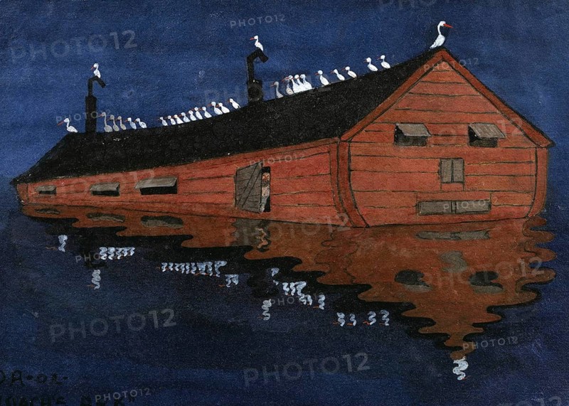 Noah's Ark was, according to the biblical book of Genesis, a buoyant box built by the patriarch Noah, painting by Ivar Arosenius, Historic, digitally restored reproduction from an original of the time