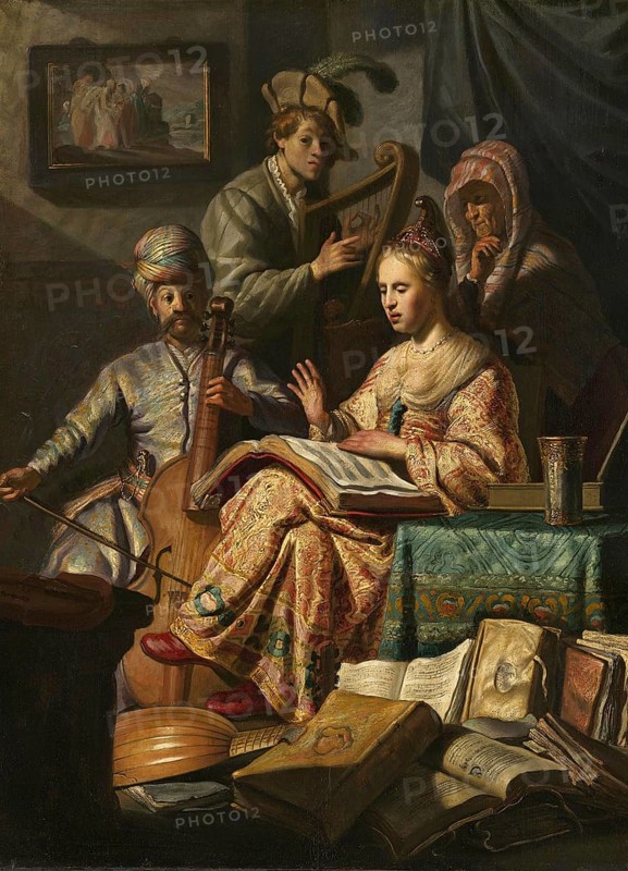 Is it an exhortation to praise God through song and string music or a seduction scene with the old woman as a pimp? In any case, Rembrandt uses elements from his own environment in this early work: His mother was the model for the old woman, Painting by Rembrandt van Rijn (1606) (1669), Historical, digitally enhanced reproduction of an original from the period, Musical Society, the subject of this painting is enigmatic