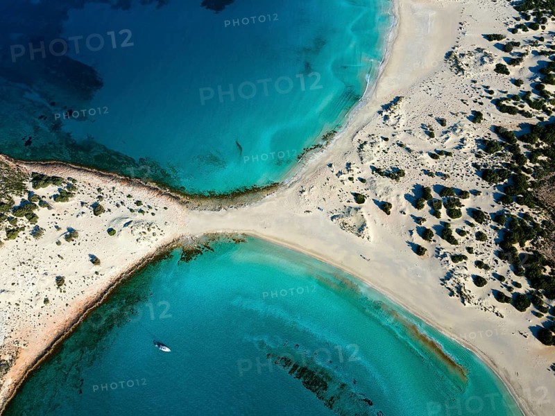 Drone shot, double bay of Simos beach, Sarakiniko beach, Elafonisos, Deer Island, Laconia, Peloponnese, Ionian Islands, Ionian Sea, Greece, Europe