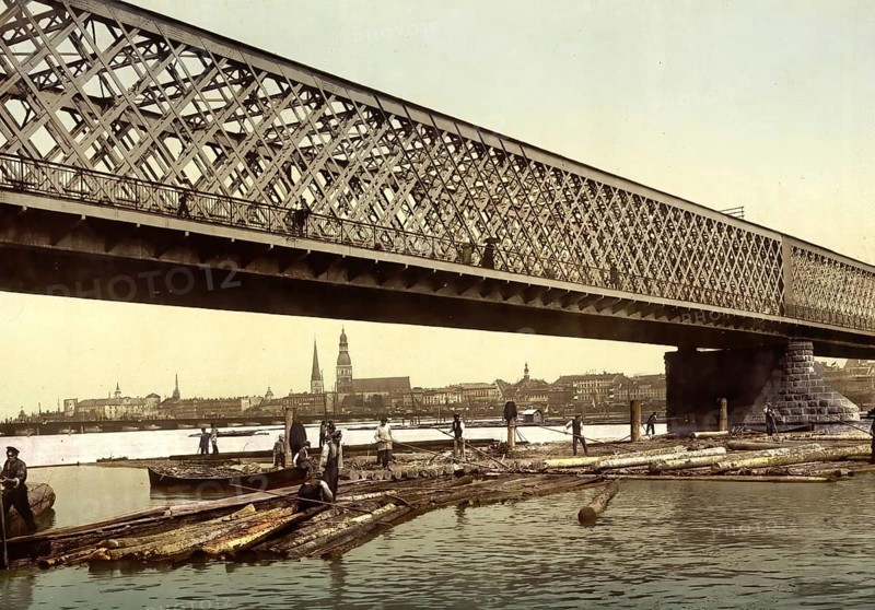 Wood transport, rafting, railway bridge, Riga, formerly Russia, today Latvia, around 1890, Historic, digitally enhanced reproduction of a photochrome print of the time