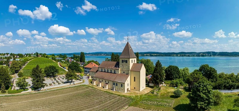 Aerial panorama of the Church of St. George, Oberzell, Reichenau, UNESCO World Heritage Site, Constance County, Baden-Württemberg, Germany, Europe