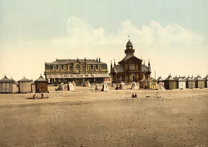 Beach and Casino, Calais, France, c. 1890, Historic, digitally enhanced reproduction of a photochrome print from 1895, Europe