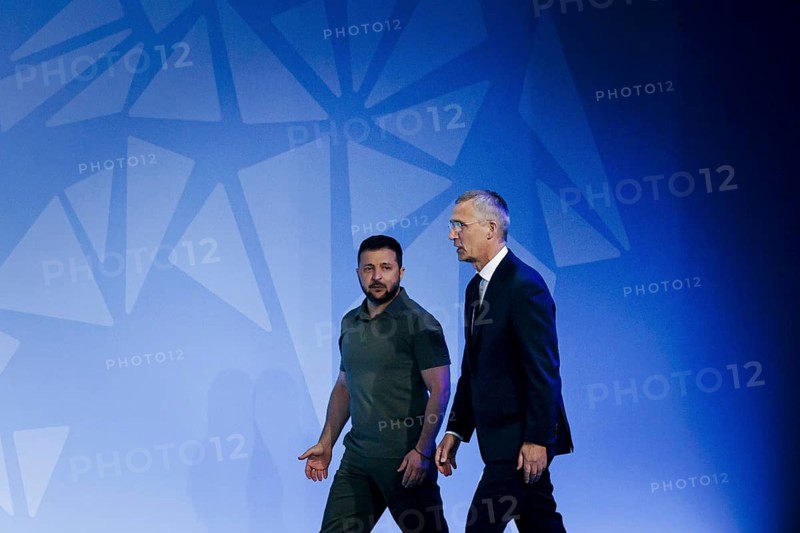 Ukrainian President Volodomyr Selensky and NATO Secretary General Jens Stoltenberg, pictured on their way to a joint press conference at the NATO Summit in Vilnius, Lithuania. Vilnius, 12.07.2023., Vilnius, Lithuania, Europe