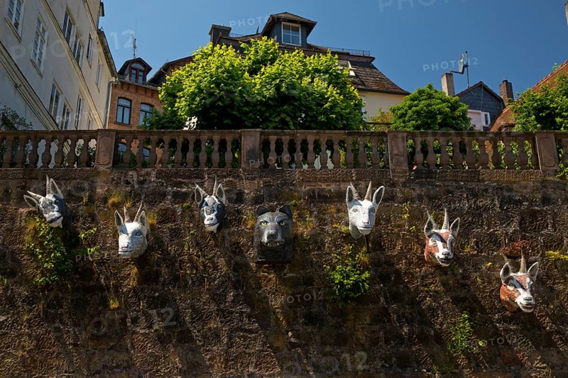 The Wolf and the Seven Young Goats on a Wall, Grimm-Dich Path, Brothers Grimm, Marburg an der Lahn, Hesse, Germany, Europe