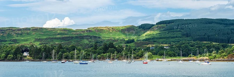Panorama of Boats in Ardentallan Bay, Loch Feochan, Oban, Argyll and Bute, Scotland, UK