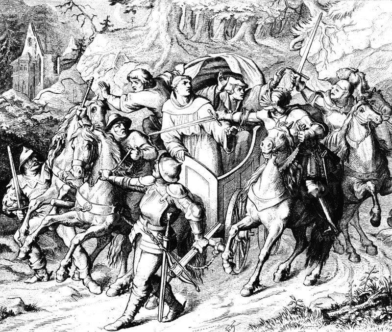 Martin Luther's abduction on his way home at Altenstein Castle in 1521, Waltershausen, carriage, horses, hollow way, soldiers, weapons, swords, stop, 16th century, historical illustration around 1860