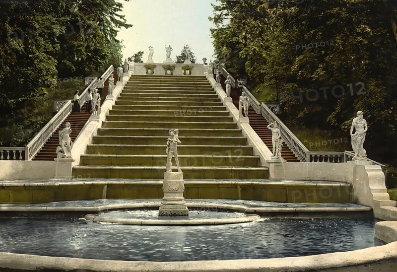 Golden Peterhof Staircase, St. Petersburg, Russia, c. 1890, Historic, digitally enhanced reproduction of a photochrome print from 1895, Europe