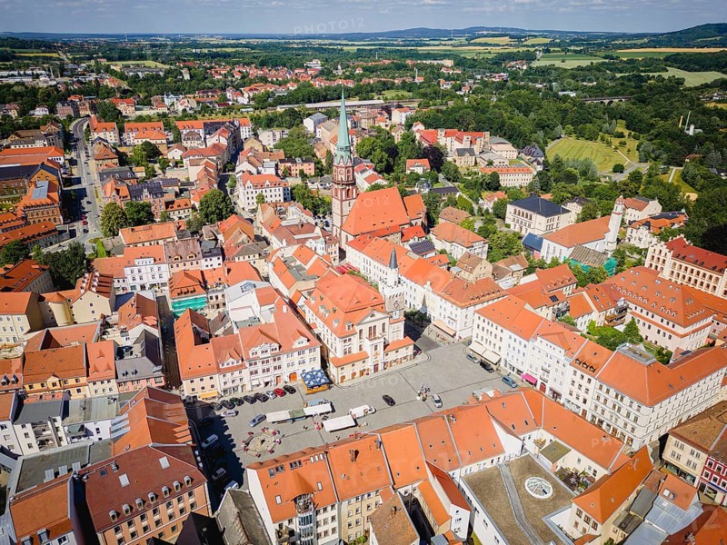 Aerial view of Löbau city centre. Löbau is a large district town in the district of Görlitz in Upper Lusatia in Saxony