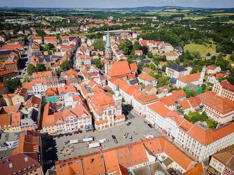 Aerial view of Löbau city centre. Löbau is a large district town in the district of Görlitz in Upper Lusatia in Saxony