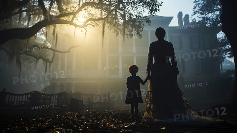 Eerie haunting ghostly silhouetted female and child figures walking in front of a foggy southern plantation antebellum mansion on halloween night, generative AI